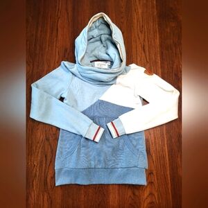 Wanakome Women's XS Mika Blue White Colorblock High Cowl Neck Hooded Sweater